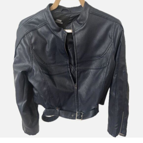 Urban Outfitters Faux Vegan Leather Jacket with Belt Black Zipper Size Large - Picture 1 of 5